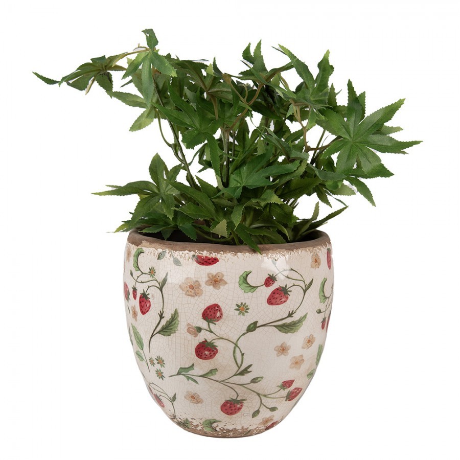 Béžový keramický obal na květináč s jahůdkami Wild Strawberries L - Ø 18*18cm