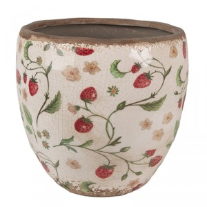 Béžový keramický obal na květináč s jahůdkami Wild Strawberries L - Ø 18*18cm