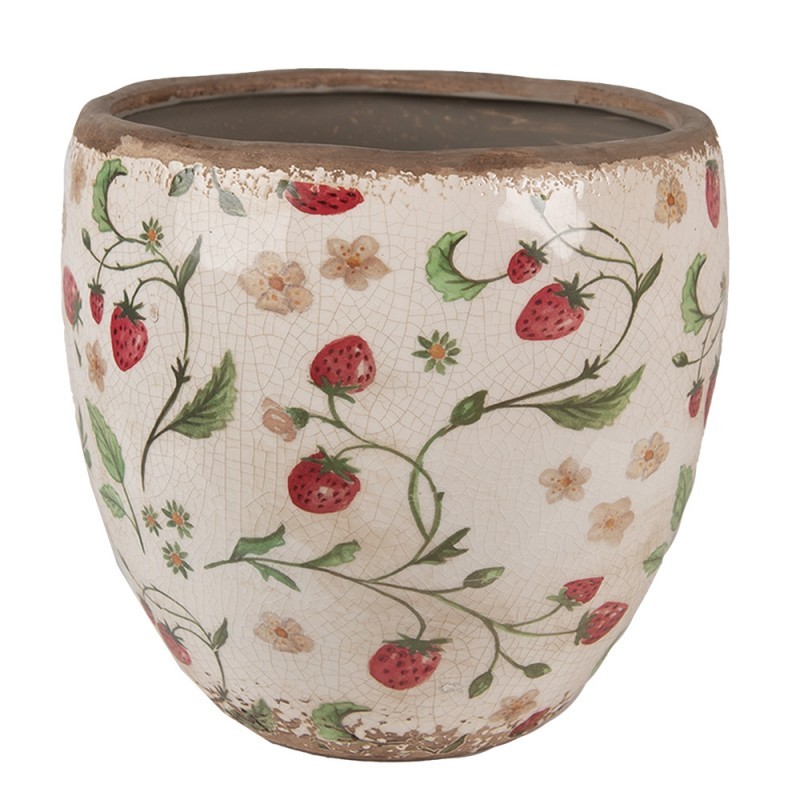 Béžový keramický obal na květináč s jahůdkami Wild Strawberries L - Ø 18*18cm