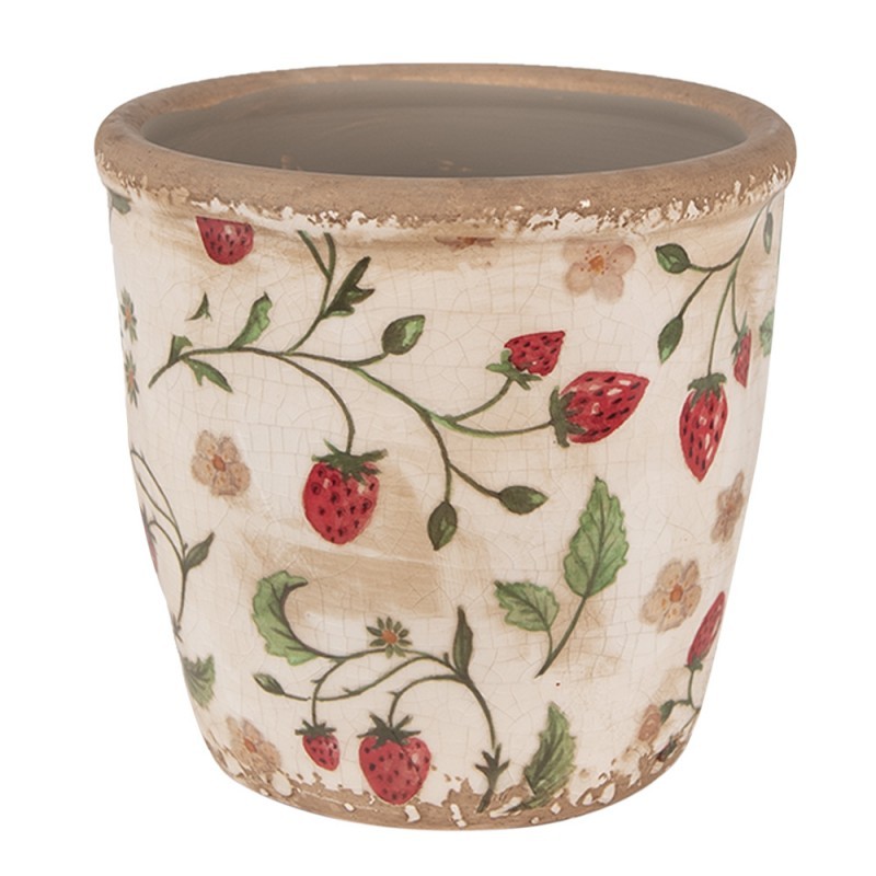 Béžový keramický obal na květináč s jahůdkami Wild Strawberries S - Ø 13*13 cm Clayre & Eef