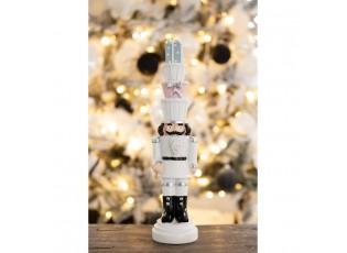 Bílá vánoční dekorace Louskáček s dárky - 8*7*33 cm