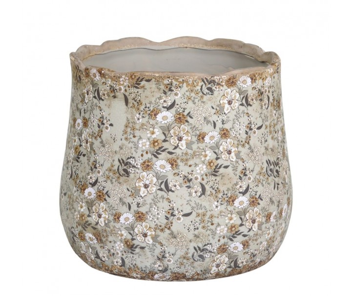 Zelený keramický dekorační květináč s kvítky Florals Evry L - Ø 16*18cm