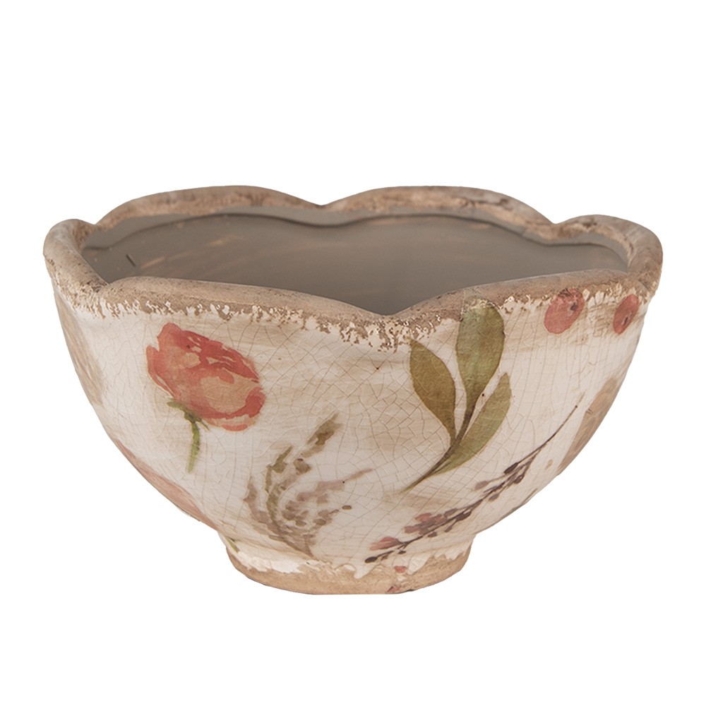 Béžový keramický obal na květináč s růžovými květy Olia S - Ø 16*9 cm Clayre & Eef