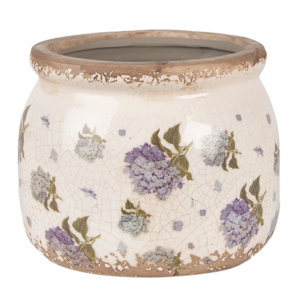 Béžový keramický obal na květináč s květy hortenzie Lilla S - Ø 12*10 cm Clayre & Eef