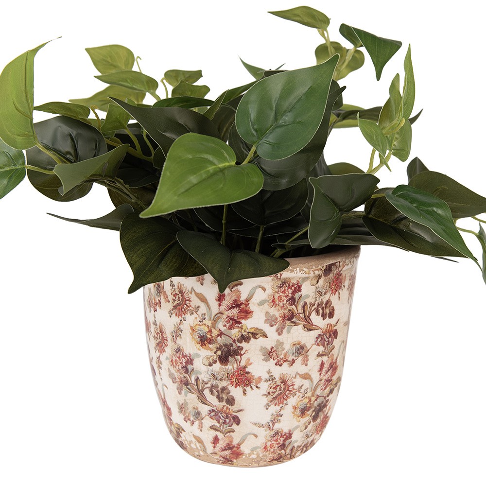 Béžový keramický obal na květináč s květy Flovia L - Ø 16*16 cm