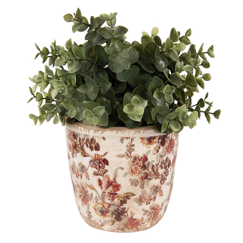 Béžový keramický obal na květináč s květy Flovia S - Ø 13*13 cm