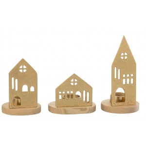 Set 3ks svícen domek na čajovou svíčku House gold - 9*9*19 cm