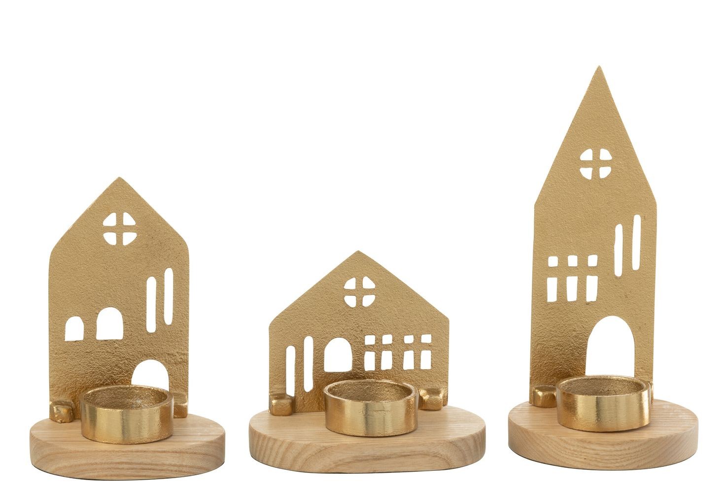 Set 3ks svícen domek na čajovou svíčku House gold - 9*9*19 cm