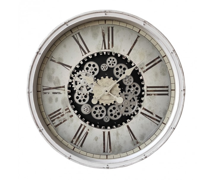 Bílé antik nástěnné hodiny s ozubenými kolečky Westminster - Ø 76*8 cm / 3*AA