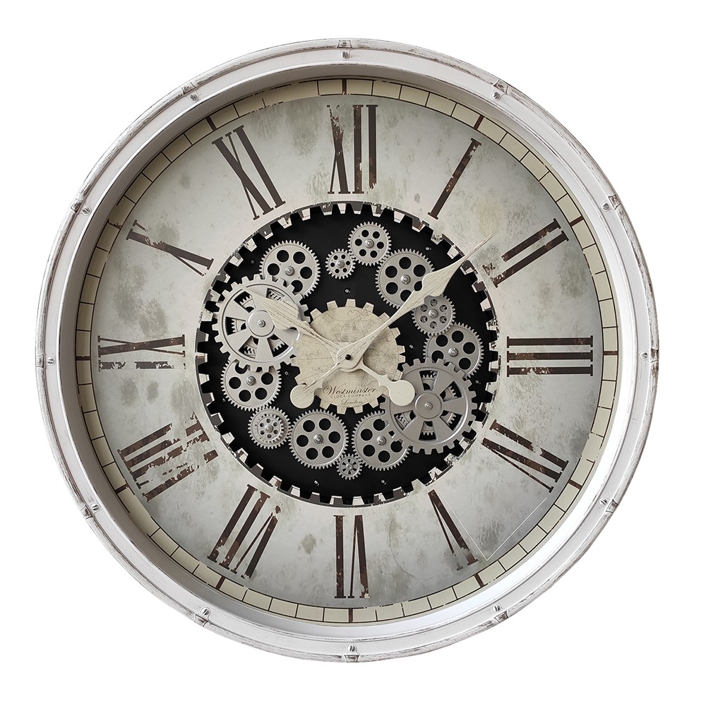 Levně Bílé antik nástěnné hodiny s ozubenými kolečky Westminster - Ø 76*8 cm / 3*AA 5KL0218