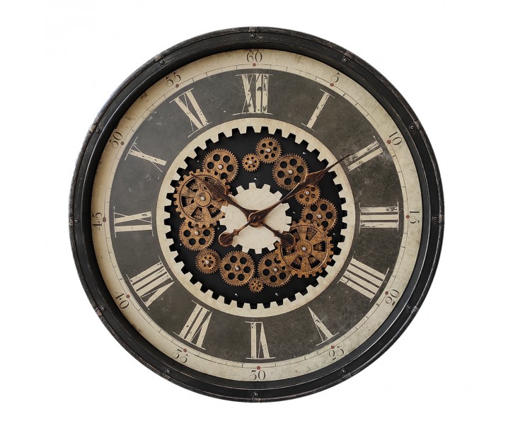 Černé antik nástěnné hodiny s ozubenými kolečky - Ø 76*8 cm / 3*AA