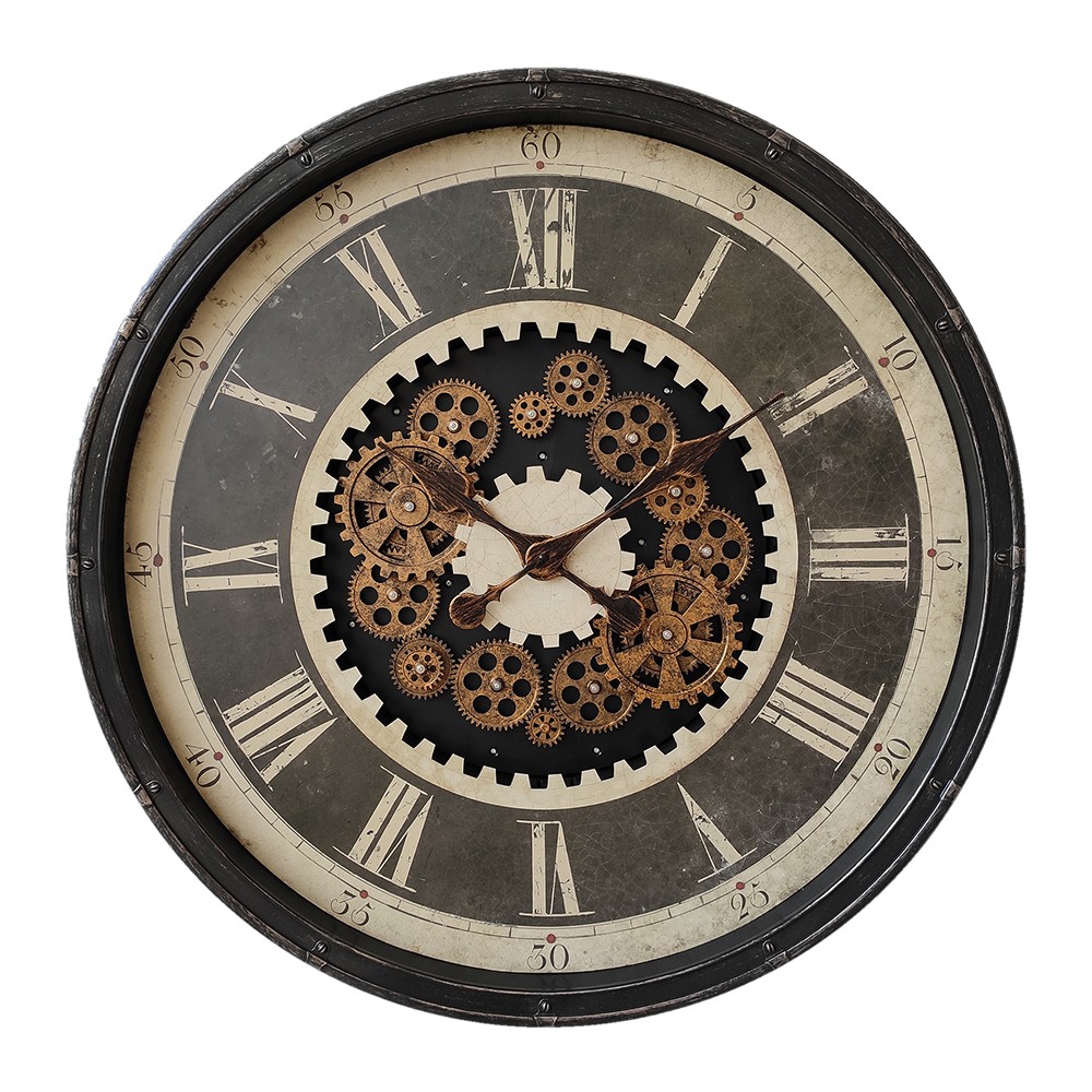 Černé antik nástěnné hodiny s ozubenými kolečky - Ø 76*8 cm / 3*AA Clayre & Eef