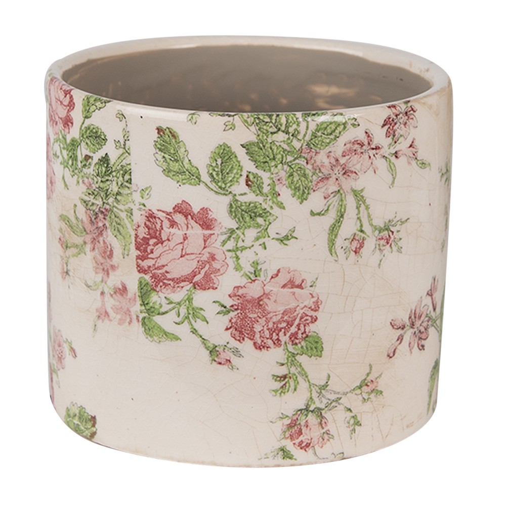 Béžový keramický obal na květináč s růžemi Rosalina S - Ø 12*10 cm Clayre & Eef