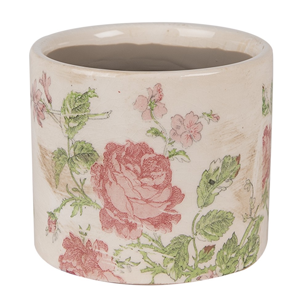 Béžový keramický obal na květináč s růžemi Rosalina XS - Ø 11*9 cm Clayre & Eef