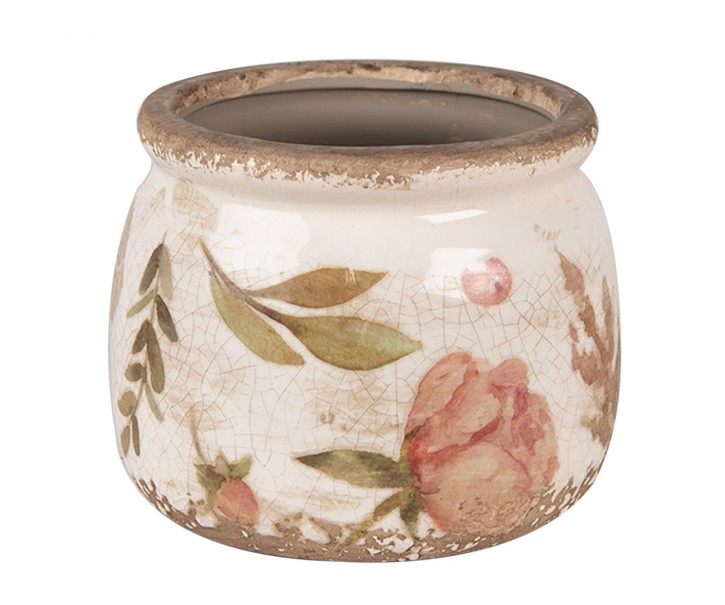 Béžový keramický obal na květináč s růžovými květy Olia S - Ø 12*10 cm