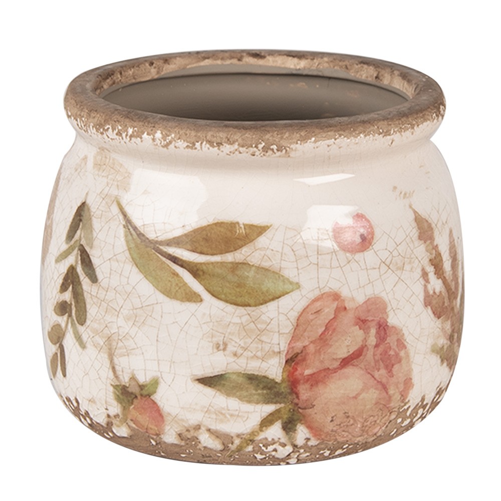 Béžový keramický obal na květináč s růžovými květy Olia S - Ø 12*10 cm Clayre & Eef