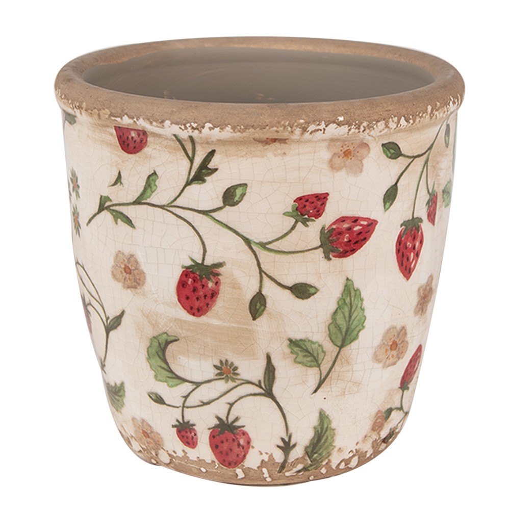 Béžový keramický obal na květináč s jahůdkami Wild Strawberries M - Ø 14*13 cm 6CE1631M