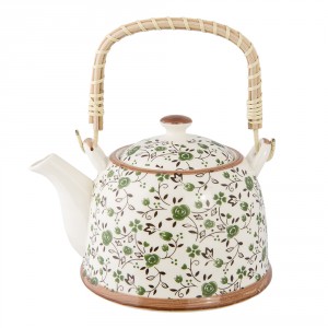 Porcelánová konvička se sítkem a zelenými květy - 18*14*12 cm / 700 ml