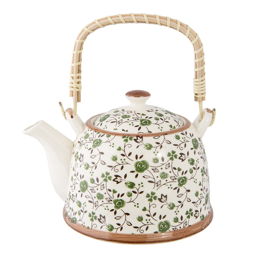 Porcelánová konvička se sítkem a zelenými květy - 18*14*12 cm / 700 ml