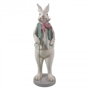 Bílá dekorace socha králík ve vestičce s hůlkou - 17*15*53 cm