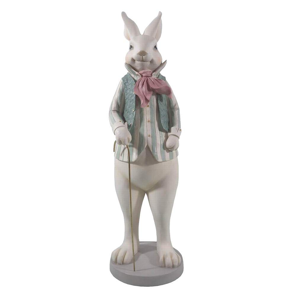 Bílá dekorace socha králík ve vestičce s hůlkou - 17*15*53 cm