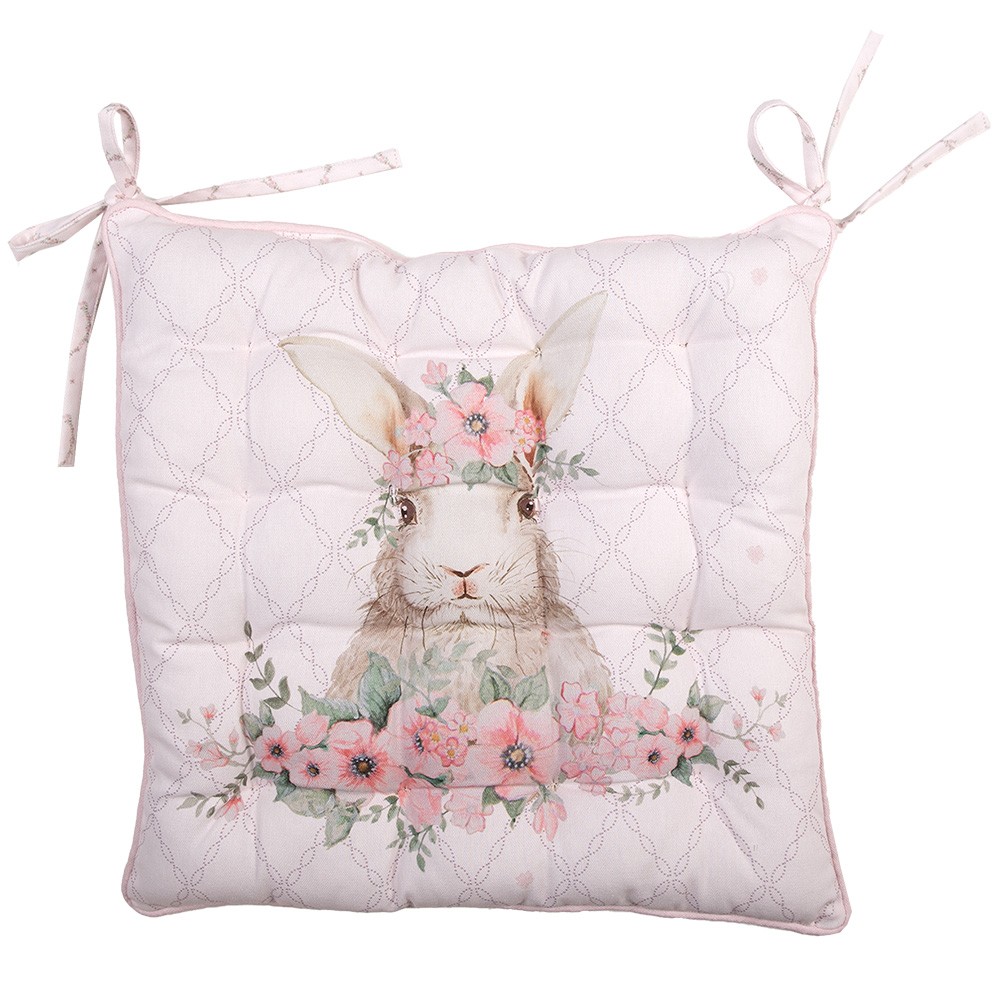 Růžový bavlněný sedák s výplní s králíčkem Floral Easter Bunny - 40*40*4 cm Clayre & Eef