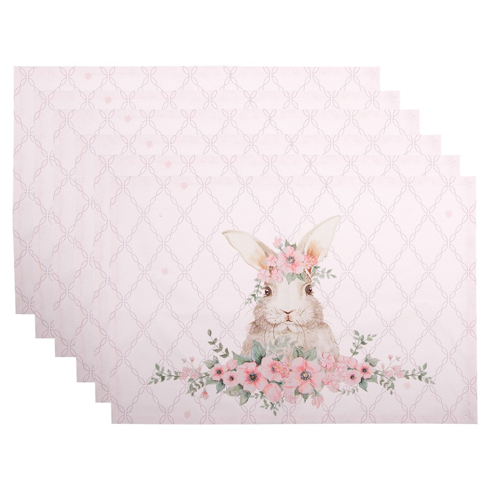 6ks růžové bavlněné prostírání s králíčkem Floral Easter Bunny - 48*33 cm Clayre & Eef