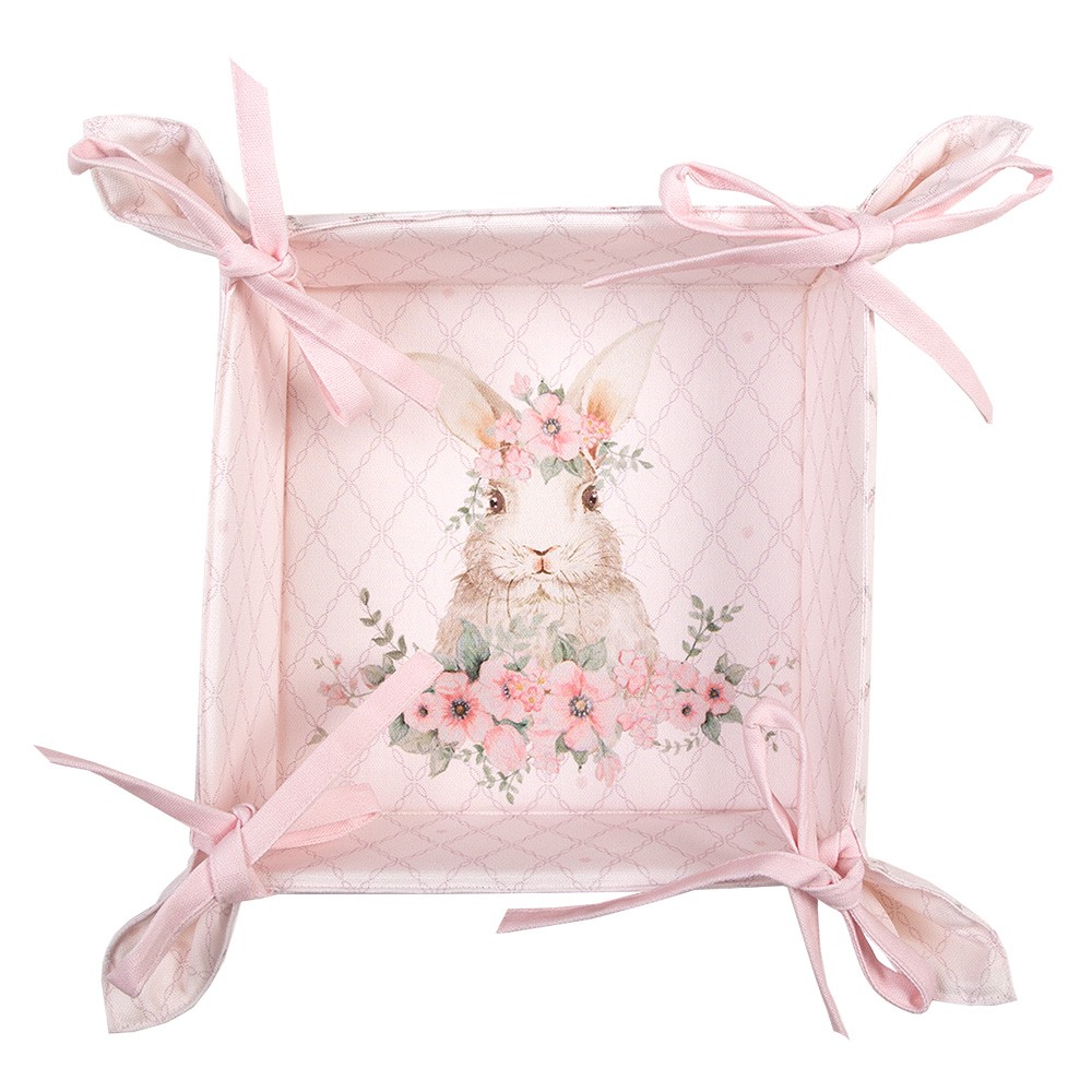 Růžový bavlněný košík na pečivo s králíčkem Floral Easter Bunny - 35*35*8 cm Clayre & Eef