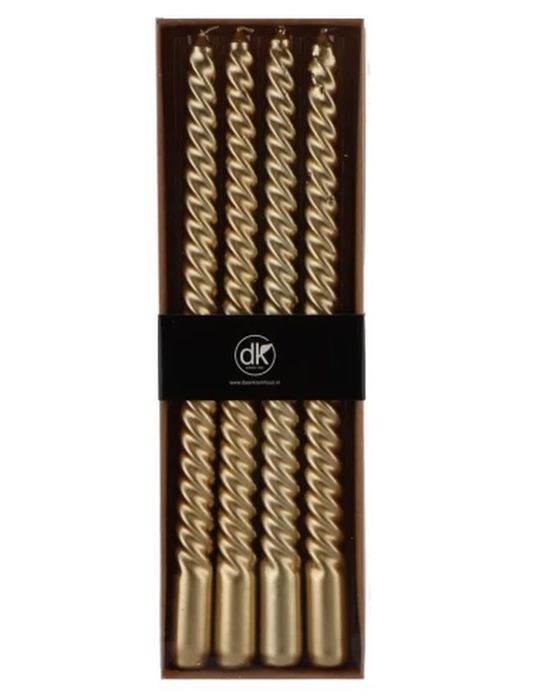Set 4ks zlatá metalická úzká kroucená svíčka Twist gold - Ø 2*30cm 