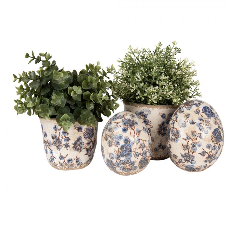 Dekorace keramické vajíčko s modrými květy Blusia L - Ø 14*16 cm