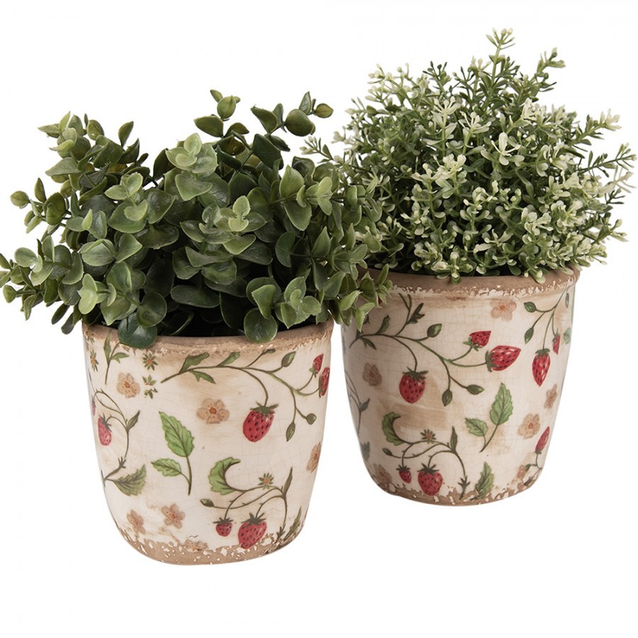 Béžový keramický obal na květináč s jahůdkami Wild Strawberries S - Ø 14*13 cm