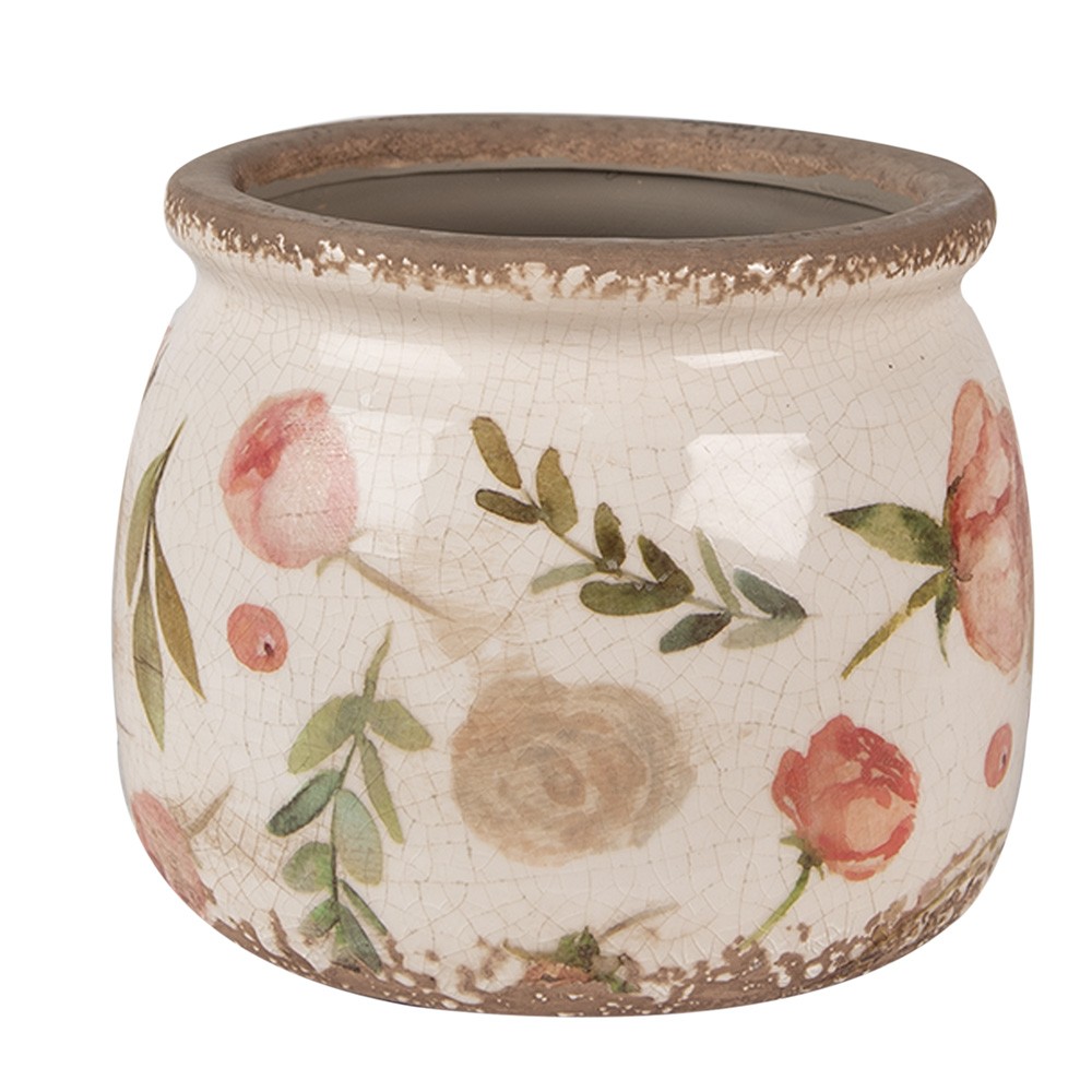 Béžový keramický obal na květináč s růžovými květy Olia M - Ø 16*13 cm Clayre & Eef