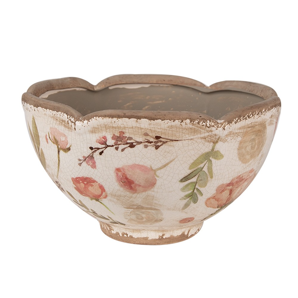 Béžový keramický obal na květináč s růžovými květy Olia M - Ø 21*12 cm