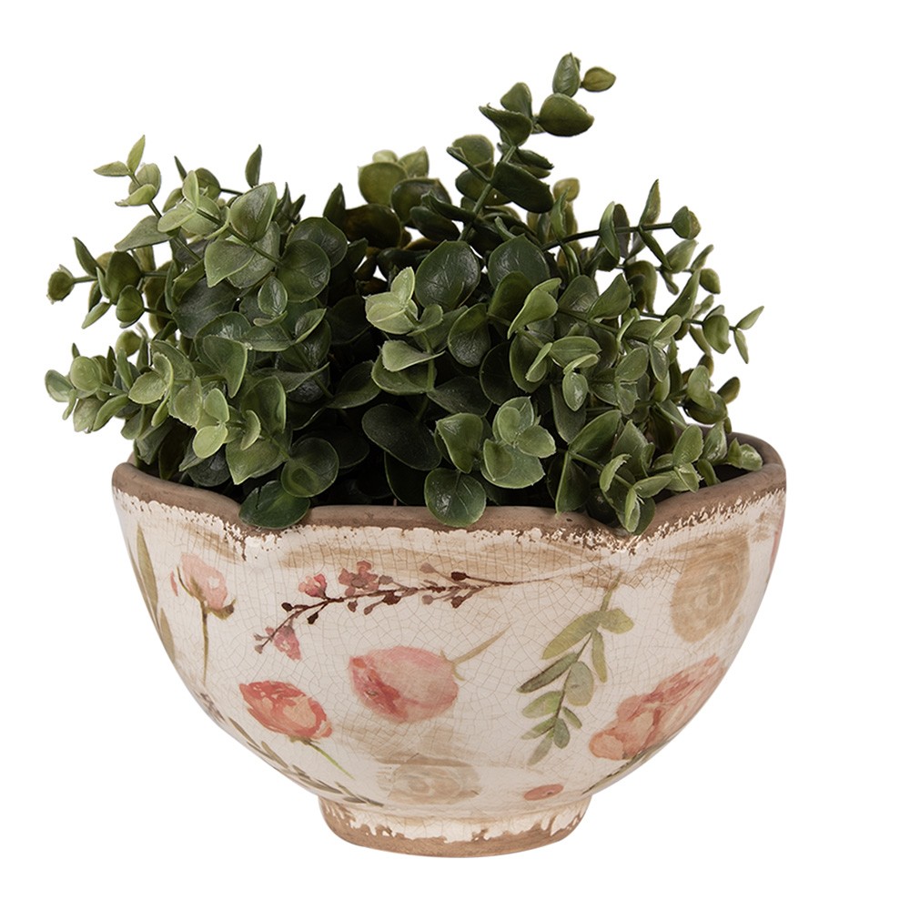 Béžový keramický obal na květináč s růžovými květy Olia M - Ø 21*12 cm