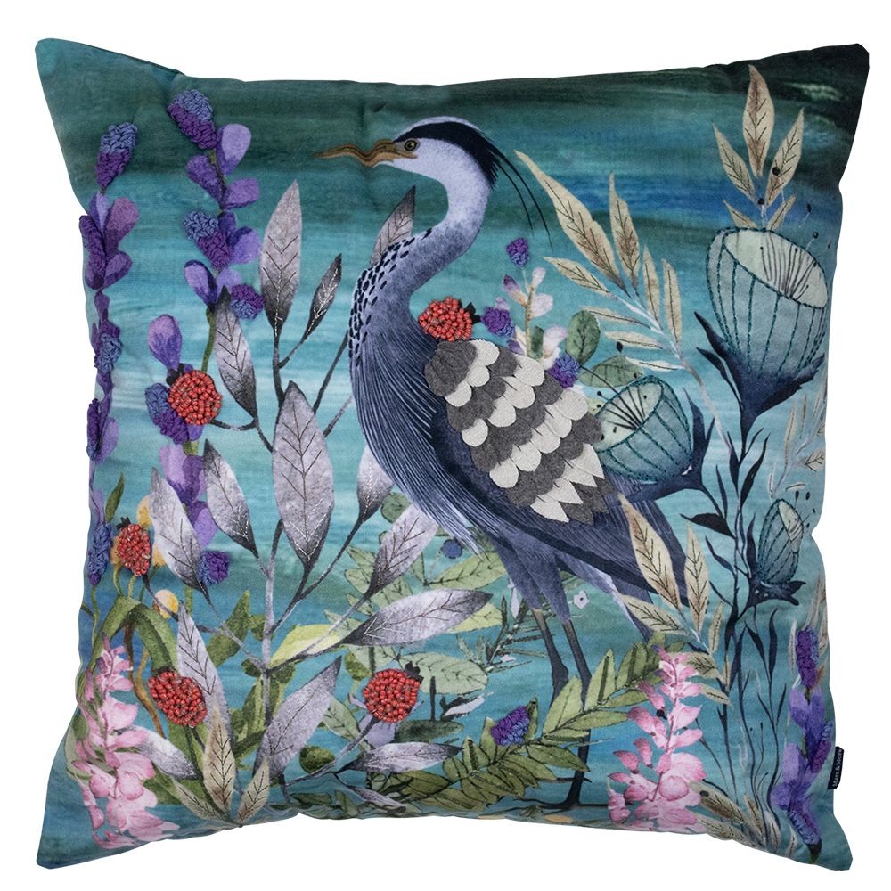 Modrý ručně vyrobený polštář s volavkou Heron - 45*45*10cm
