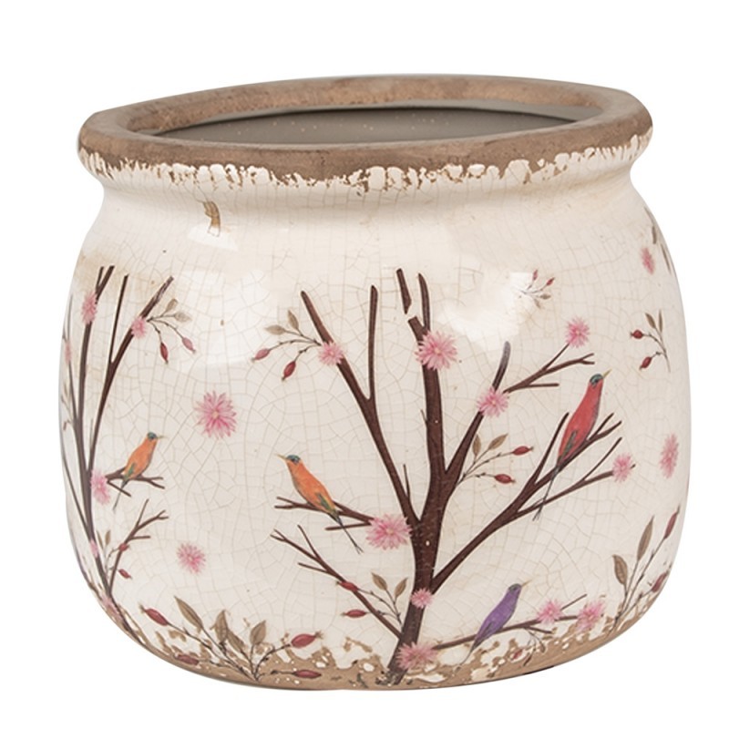 Béžový keramický obal na květináč s květy a ptáčky Birdie M - Ø 16*13 cm Clayre & Eef
