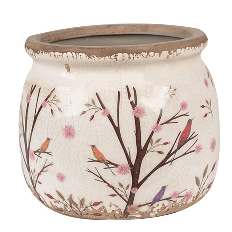 Béžový keramický obal na květináč s květy a ptáčky Birdie M - Ø 16*13 cm