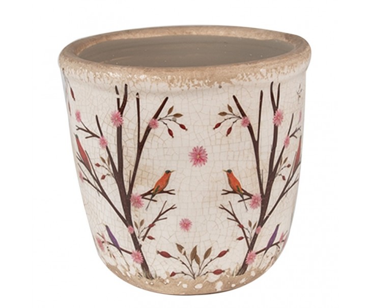 Béžový keramický obal na květináč s květy a ptáčky Birdie XS - Ø 11*10 cm