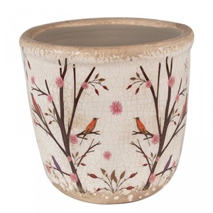 Béžový keramický obal na květináč s květy a ptáčky Birdie XS - Ø 11*10 cm