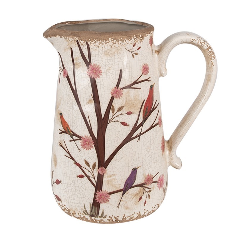 Béžový keramický džbán s květy a ptáčky Birdie L - 21*15*23 cm Clayre & Eef