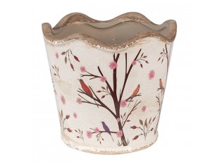 Béžový keramický obal na květináč s květy a ptáčky Birdie - Ø 16*15 cm
