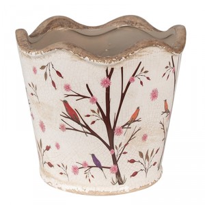 Béžový keramický obal na květináč s květy a ptáčky Birdie - Ø 16*15 cm