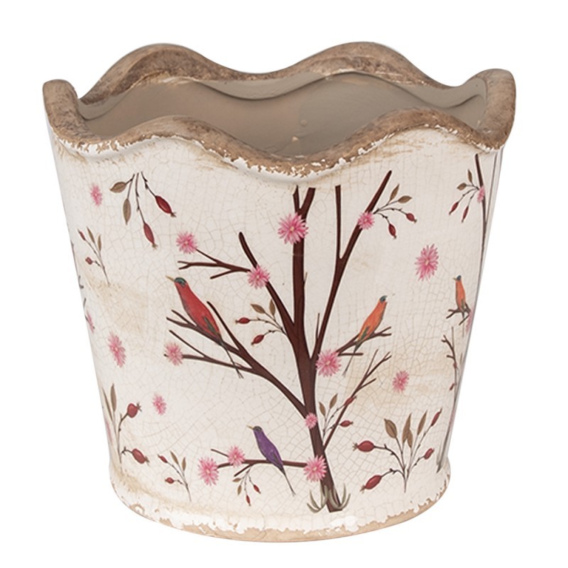 Béžový keramický obal na květináč s květy a ptáčky Birdie - Ø 16*15 cm 6CE1644