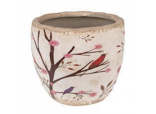 Béžový keramický obal na květináč s květy a ptáčky Birdie S - Ø 13*11 cm