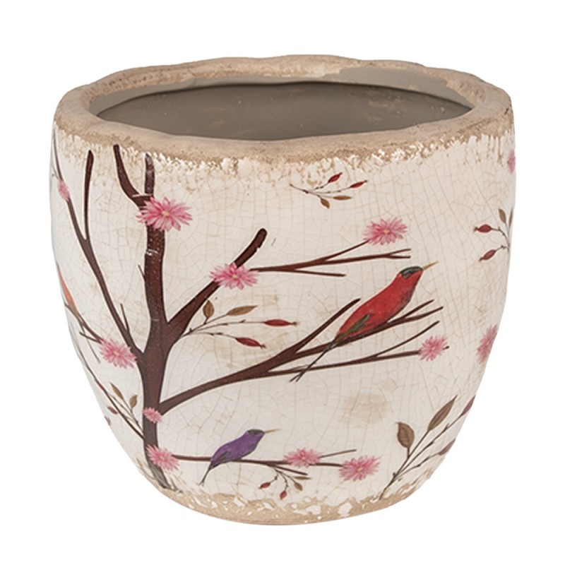 Béžový keramický obal na květináč s květy a ptáčky Birdie S - Ø 13*11 cm Clayre & Eef