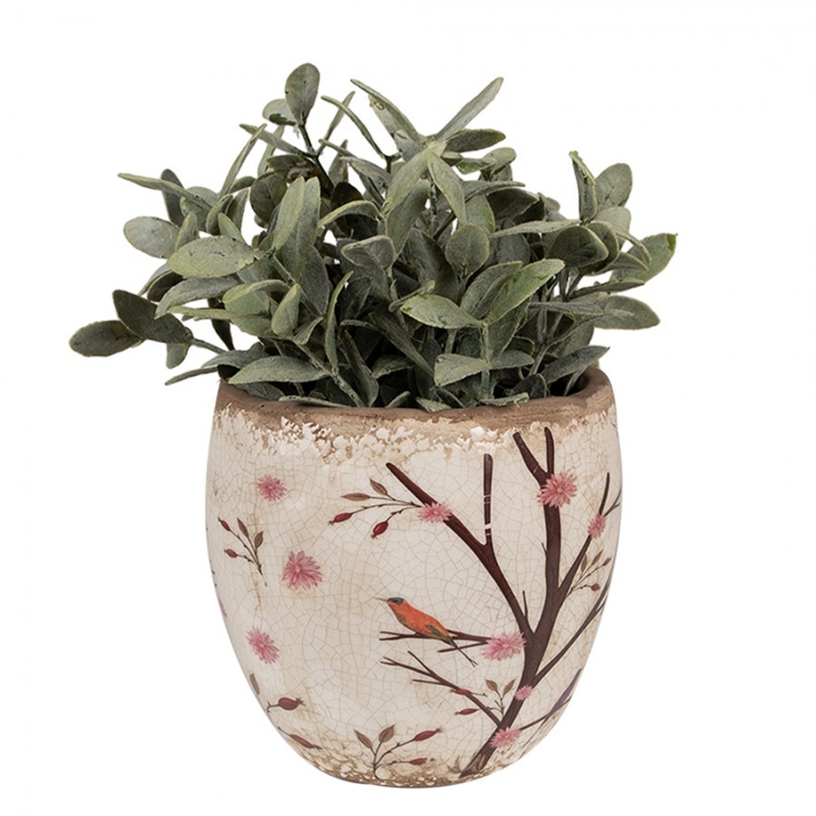 Béžový keramický obal na květináč s květy a ptáčky Birdie M - Ø 14*14 cm