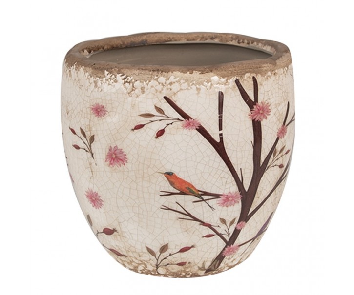 Béžový keramický obal na květináč s květy a ptáčky Birdie M - Ø 14*14 cm