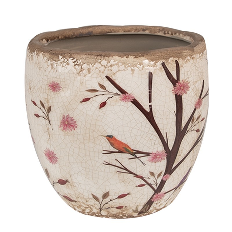 Béžový keramický obal na květináč s květy a ptáčky Birdie M - Ø 14*14 cm