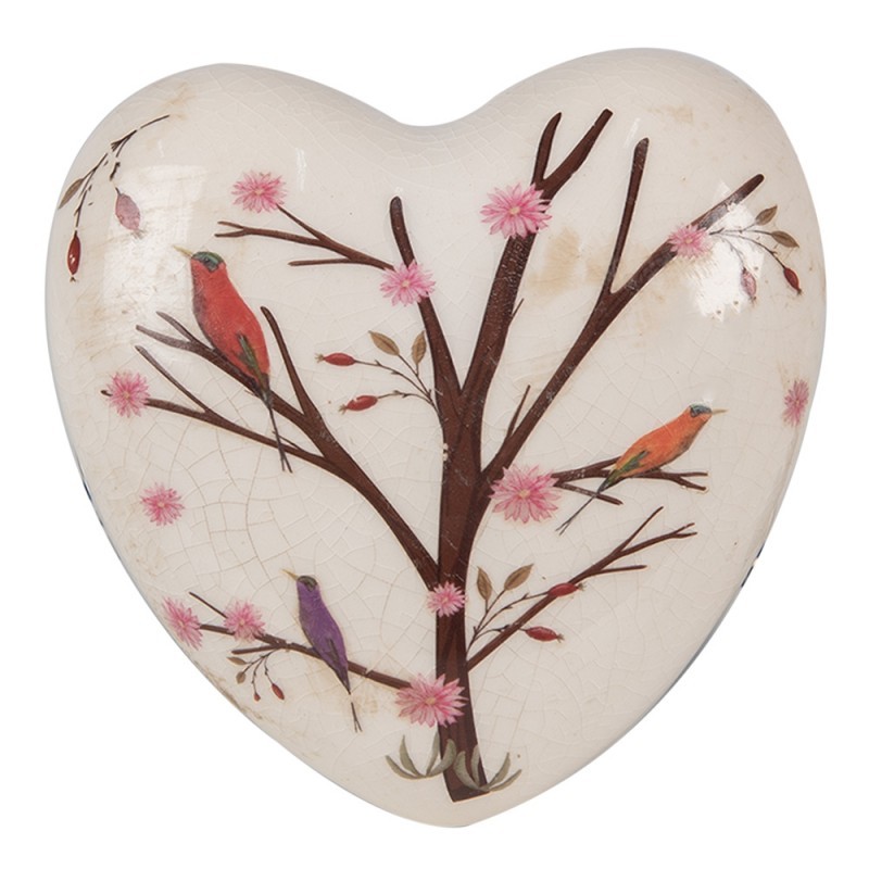 Dekorace vintage srdce s květy a ptáčky Birdie - 12*12*4 cm 6CE1648