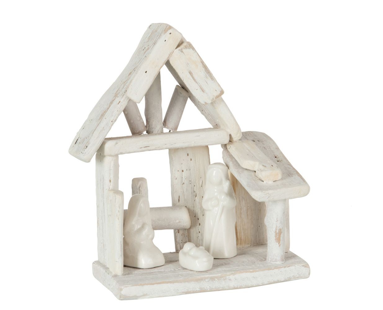 Bílý dřevěný Betlém s porcelánovými postavičkami Nativity wood - 16*10*19 cm 19446